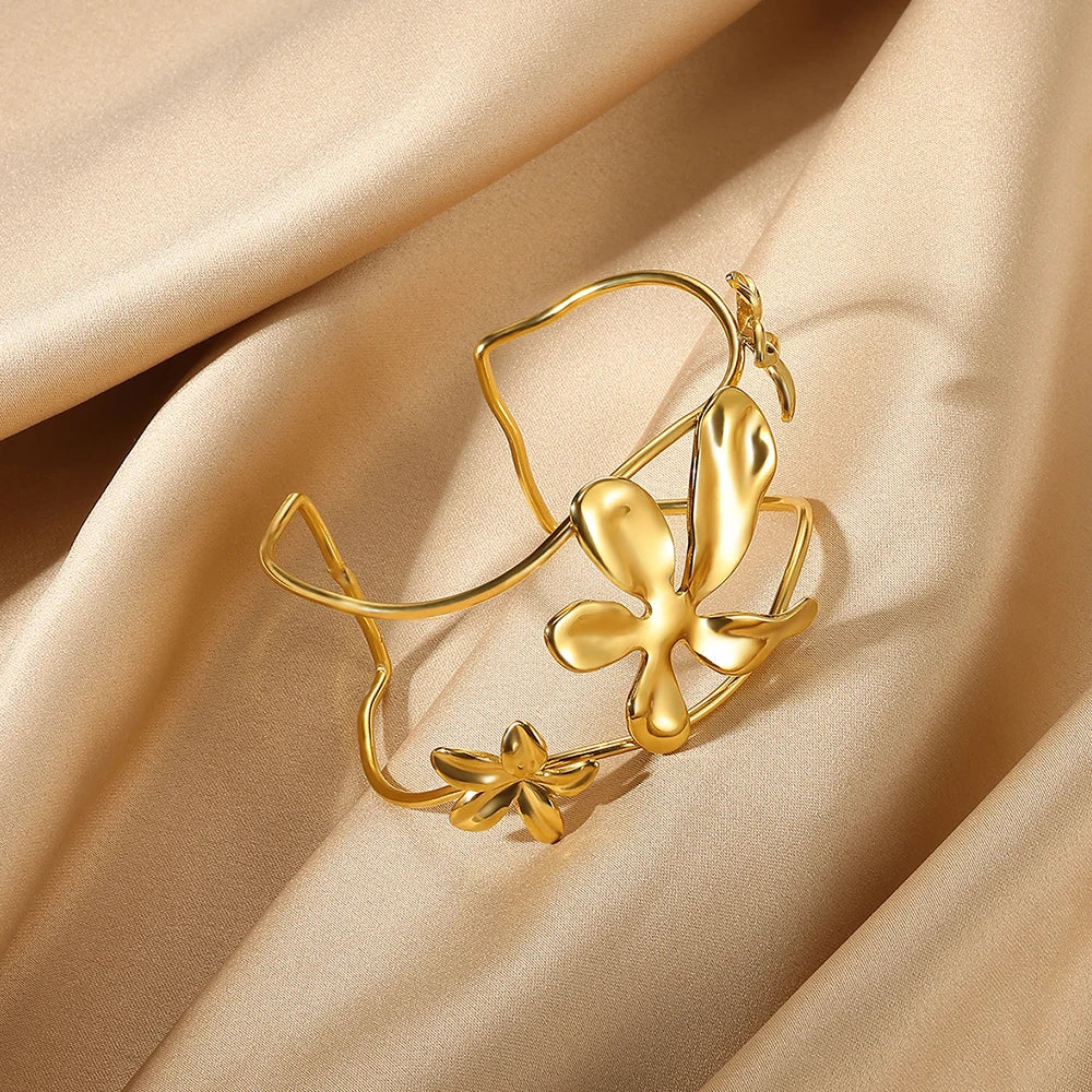 Exaggerated Flower Bangles For Women Gold Color Stainless Steel Flower Butterfly Geometric Bangle Jewelry Wedding Party Gift