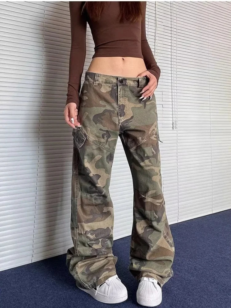 2024 Cyber Y2K Streetwear Washed Camouflage Pleated Baggy Jeans Cargo Pants For Women Clothes Underwear Lady Casual Trousers