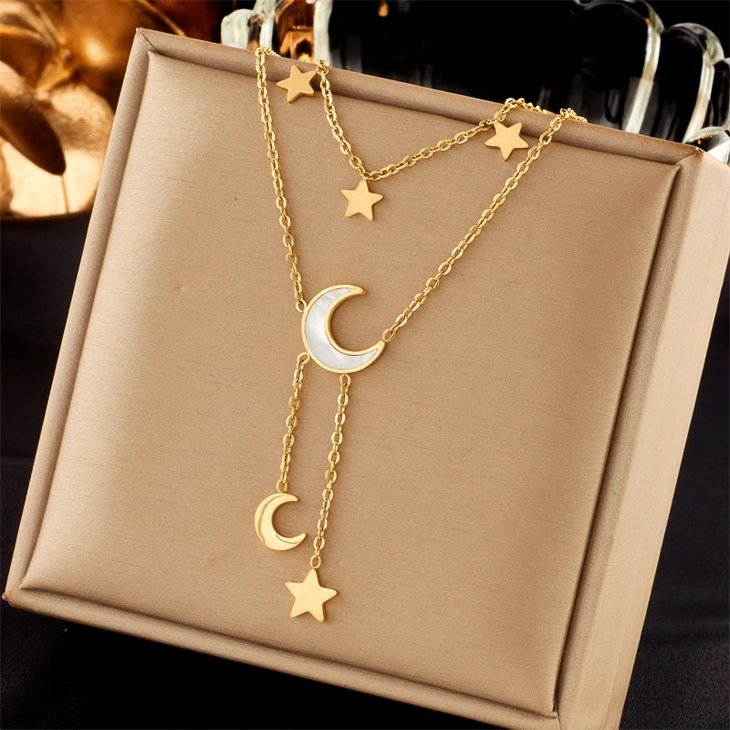 DIEYURO 316L Stainless Steel Star Moon Long Pendant Necklace For Women New Fashion Girls Multilayer Clavicle Chain Jewelry Gifts