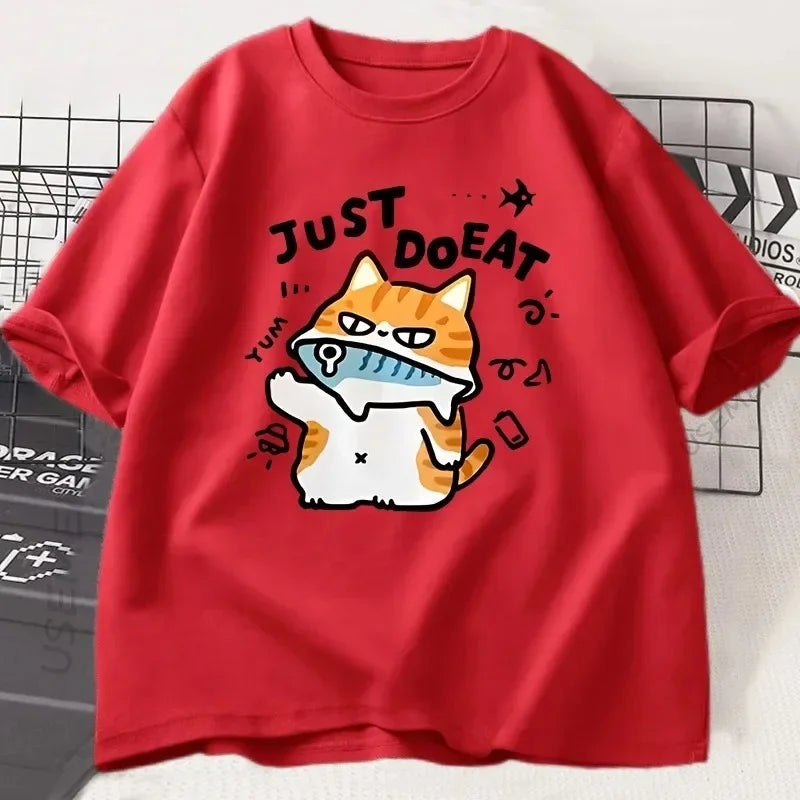 Funny Cat Eat Fish T-shirt for Women Summer Tops Tshirts O-neck Women Clothing Streetwear Short Sleeve Fashion Street Clothes