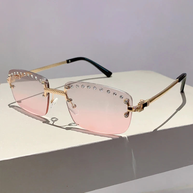 KAMMPT Rimless Sunglasses with Rhinestones 2024 New Fashion Gradient Ocean Lenses Eyewear Trendy Vintage Luxury Rectangle Shades