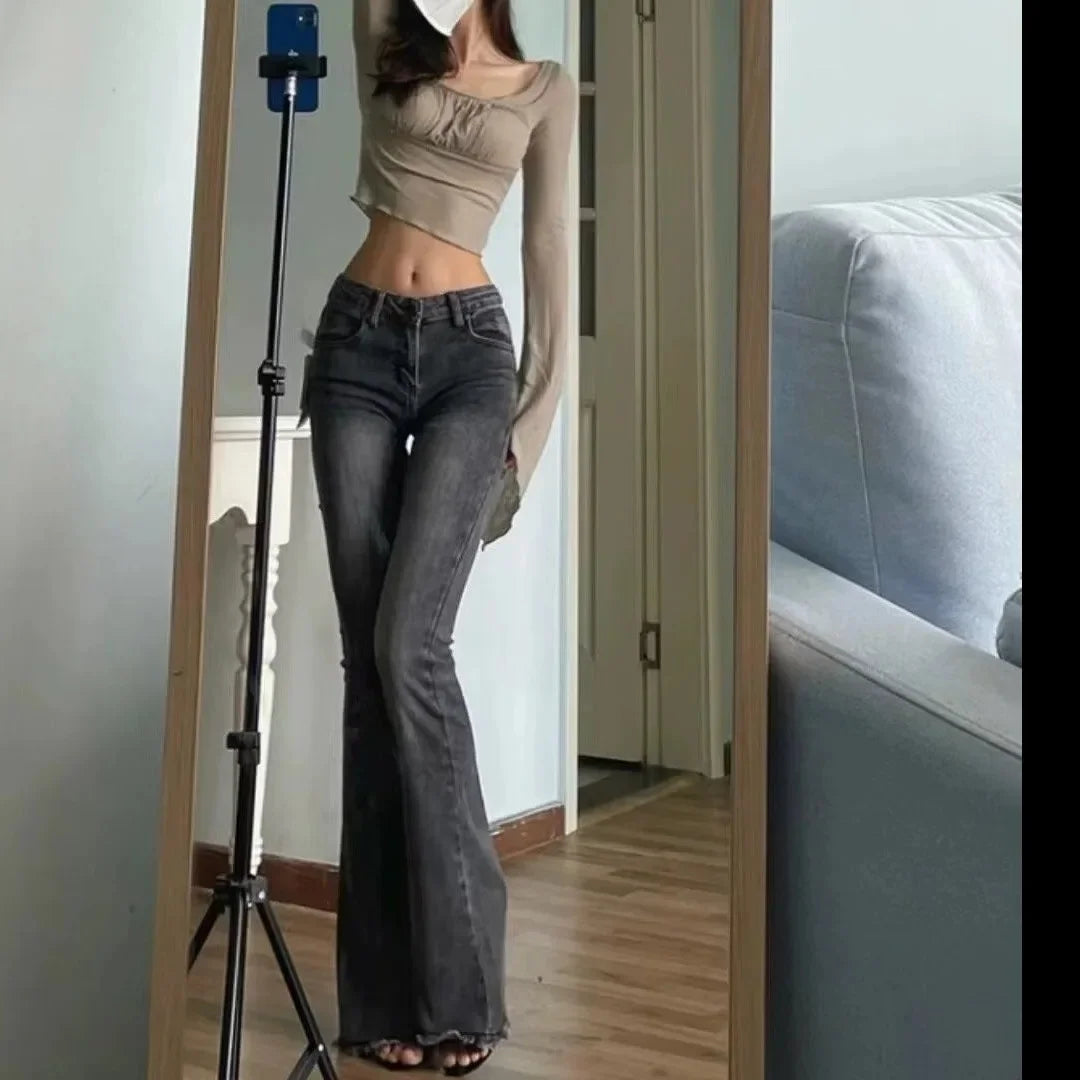 American Style Slimming Jeans Women's Spring Autumn Vintage Micro Flared Trousers Low Waist Elastic Body Shaping Waistband