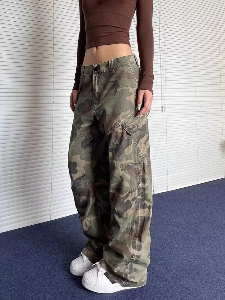 2024 Cyber Y2K Streetwear Washed Camouflage Pleated Baggy Jeans Cargo Pants For Women Clothes Underwear Lady Casual Trousers