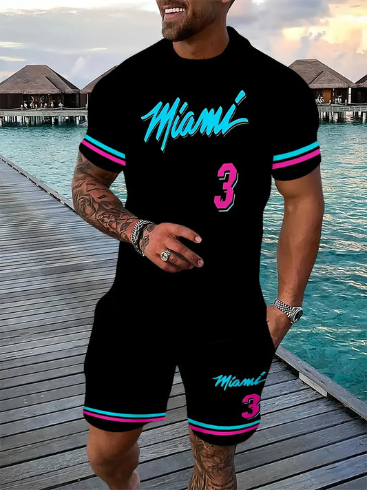 2-Pack Men's Summer Casual Short Sleeve Crew Neck T-Shirt and Pocket Drawstring Shorts Polyester 100%