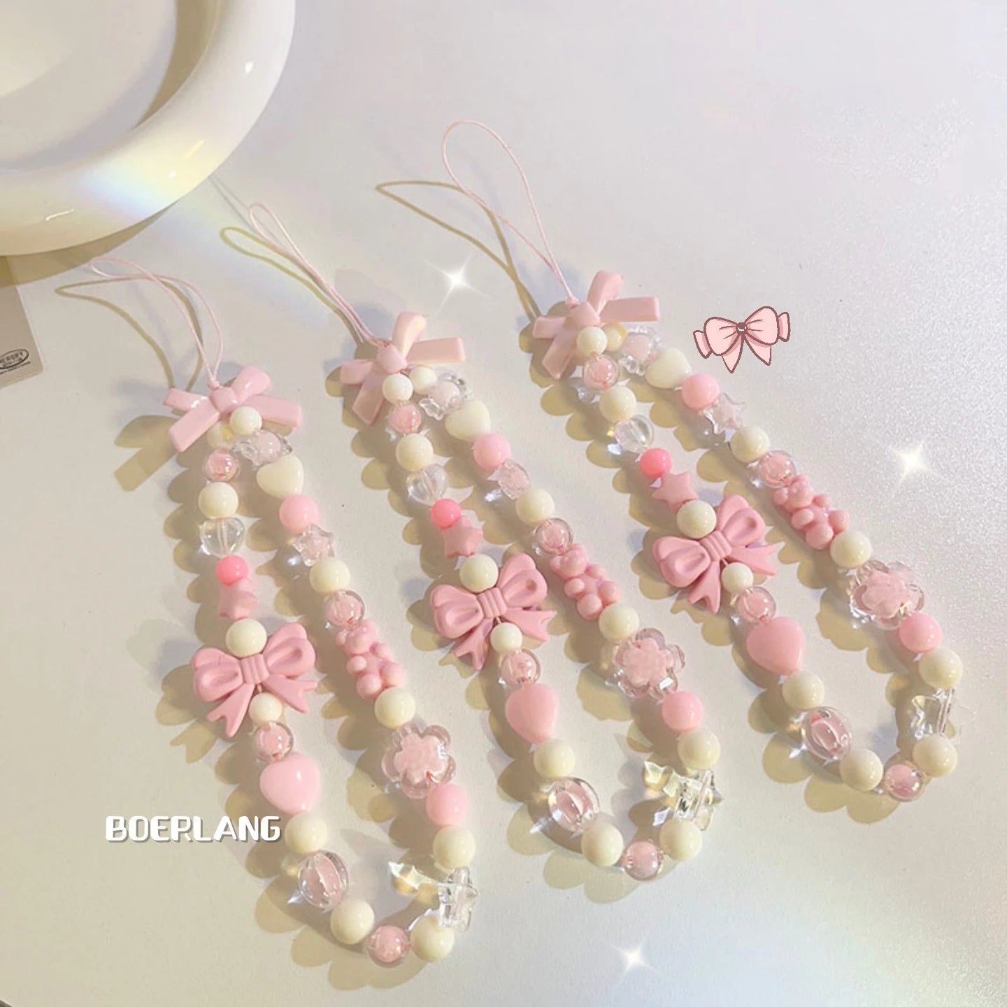 Bowknot Beaded Mobile Phone Chain Charm Acrylic Heart Beaded Pendant Phone Hanging Lanyard Strap Women Girls Sweet Accessories