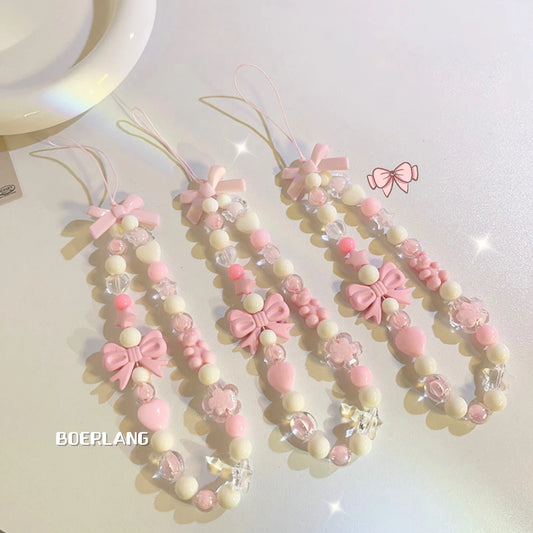 Bowknot Beaded Mobile Phone Chain Charm Acrylic Heart Beaded Pendant Phone Hanging Lanyard Strap Women Girls Sweet Accessories
