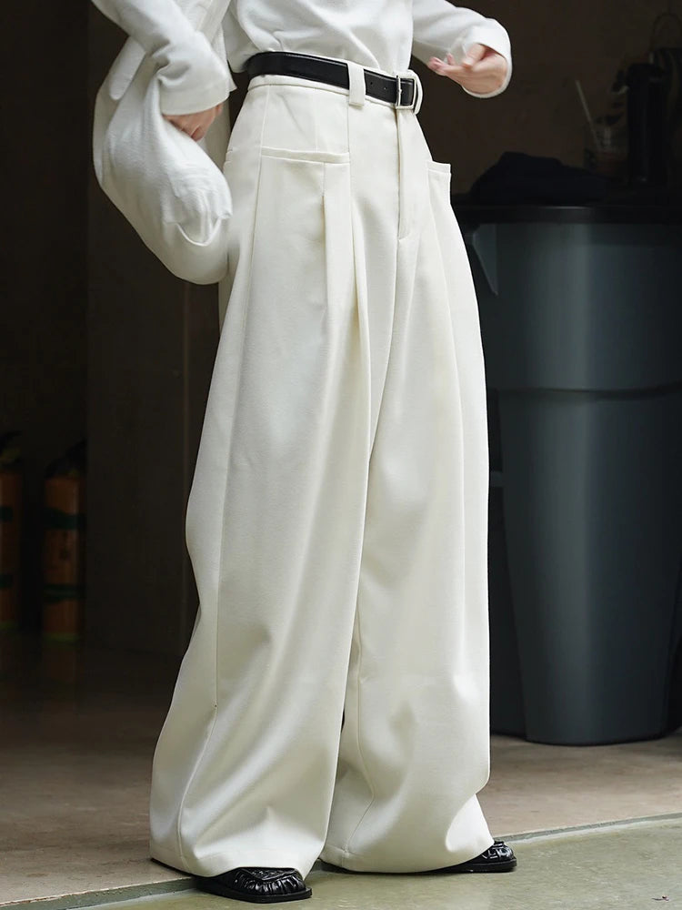 [EAM] High Waist Brown Pleated Casual Long Wide Leg Pants New Loose Fit Trousers Women Fashion Tide Spring Autumn 2025 1DF4423
