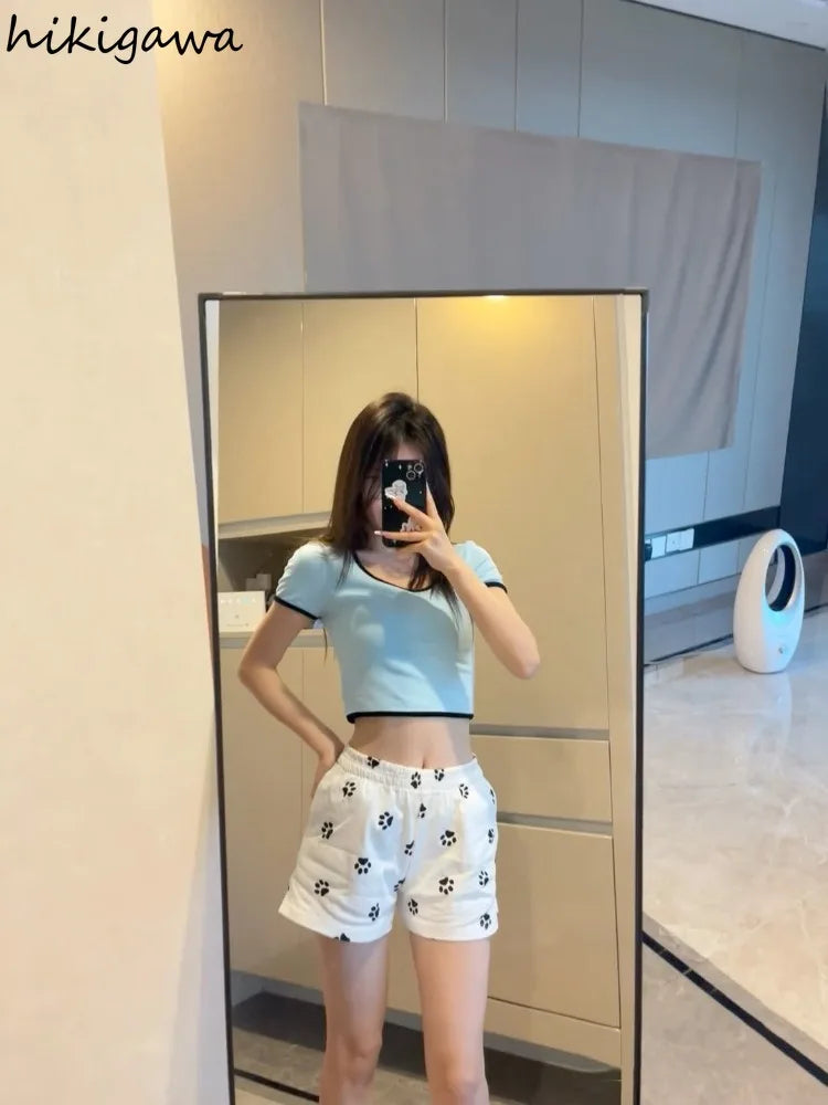 Cute Print Pantalones Cortos De Mujer Fashion Summer Shorts for Women 2025 New Bottons Elastic Waist Casual Y2k Wide Leg Pants