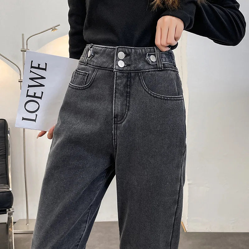 Winter Women's Warm Fleece Jeans High Waist Thick Straight Denim Harem Pants Plus Size Loose Trousers Lady High Waisted Jeans
