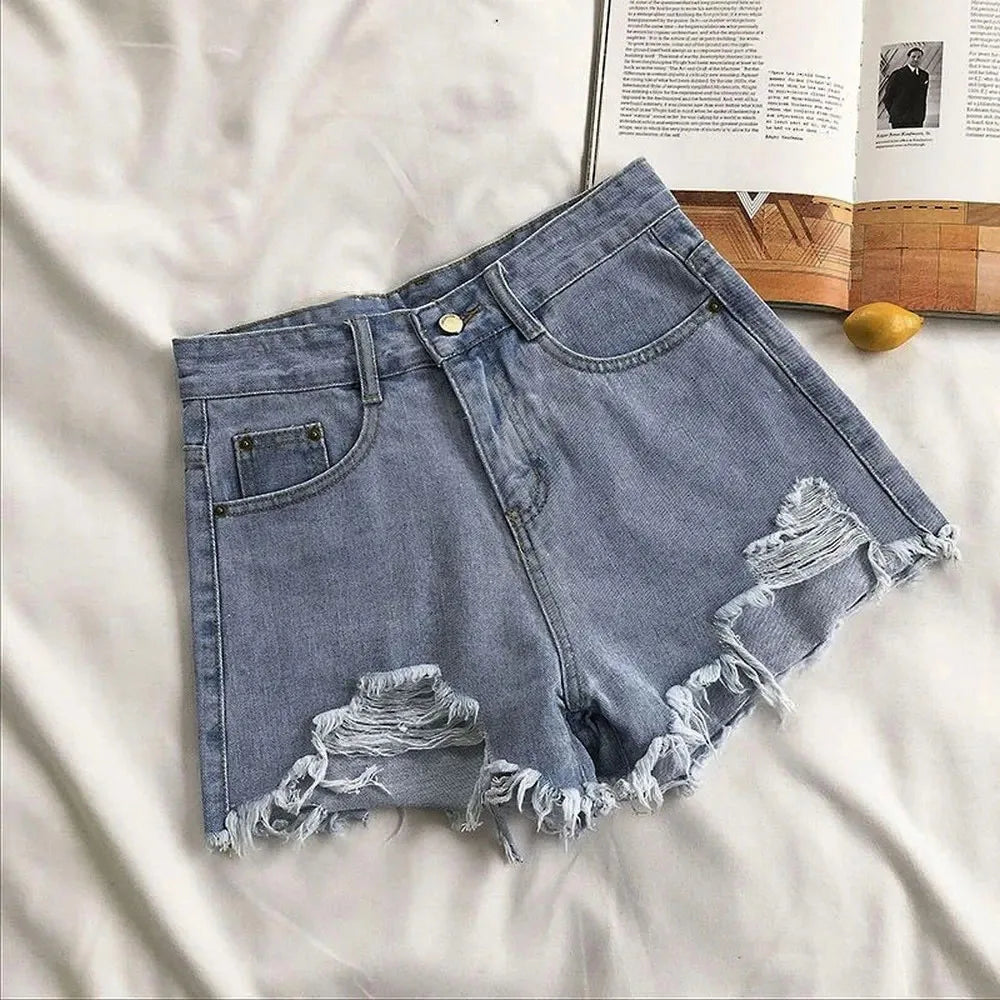 Summer Korean Women's Cowboy Shorts High Waist Casual Blue Denim Shorts Pocket Tassel Perforated Fashion Shorts Y2K Female Jeans