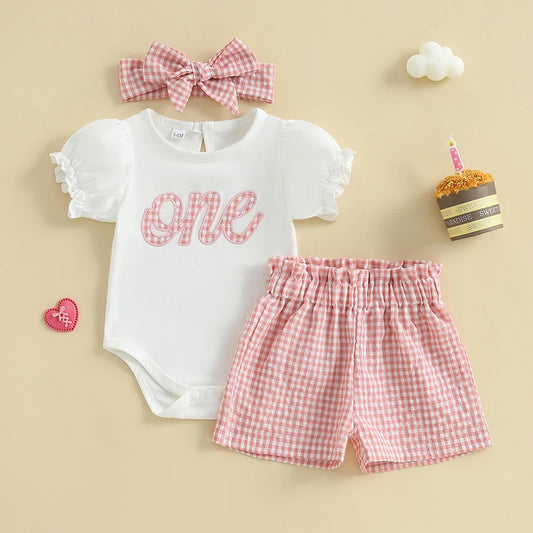 0-18M Baby Girls 1st Birthday Outfits Letter Short Puff Sleeve Romper with Plaid Print Shorts and Headband