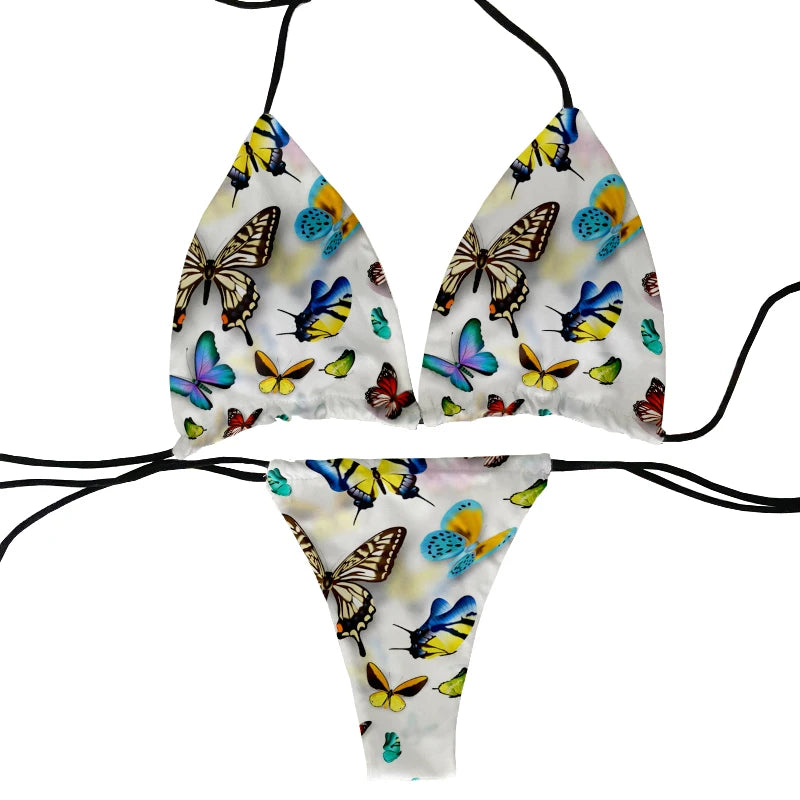Funny colorful butterfly pattern bikini set swimsuit beach surfing vacation ladies deep V butterfly print bikini fashion gift