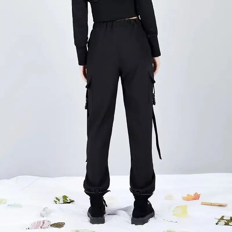 New Women Cargo Pants Ins Harem Pants Fashion Punk Pockets Jogger Trousers Chain Harajuku Elastics High Waist Streetwear Y19