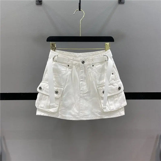 Zipper Fly Denim SKirts with Button Women's Denim Cargo Skirts with Pockets Sexy Mini A-line Jean Skirts Female Streetwear