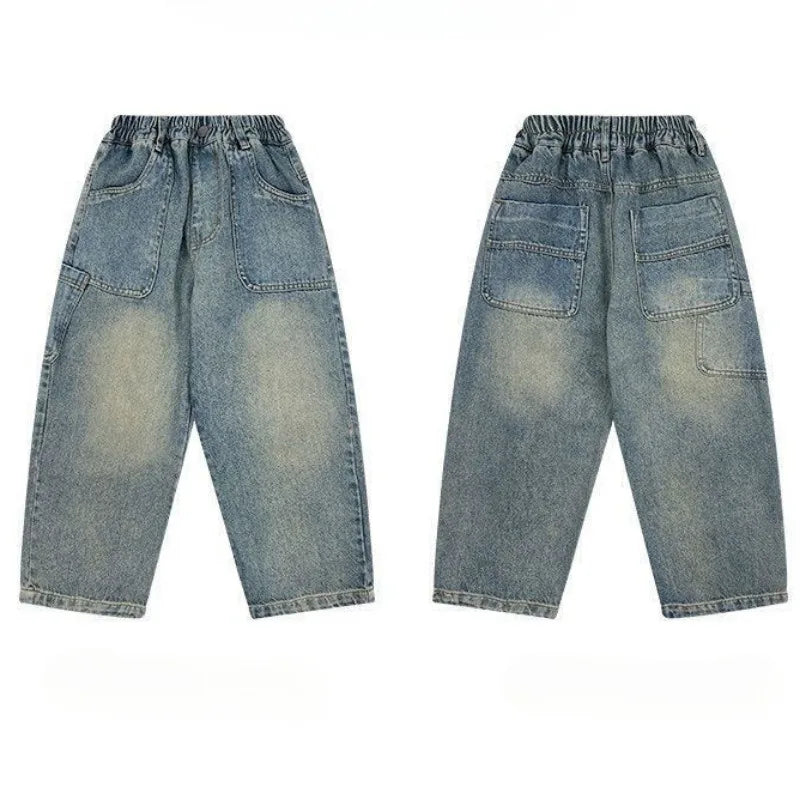 2-10Y Kids Jeans 2025 Trendy Cool Street Pants Children's Spring Autumn Kid's Denim Trousers New Boys Girls Wide Leg Loose Pants