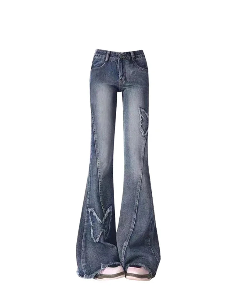 Y2k Butterfly Embroidery Blue Flare Jeans women Low Waist Vintage 90s Aesthetic Denim Trousers Harajuku 2000s Trashy Pants