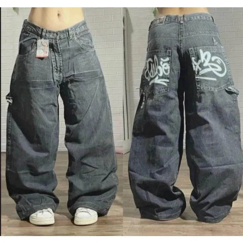 American New Fashion Letter Embroidery Washed Hole Baggy Jeans Men Y2K Streetwear Harajuku Popular High Waist Wide-leg Trousers