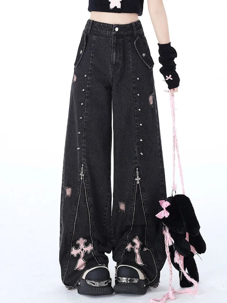 Women's Baggy Pants Punk Y2K Denim Jeans High Street Patchwork Vintage Design Rocker Straight High Waist Printed Patch Raw Edges