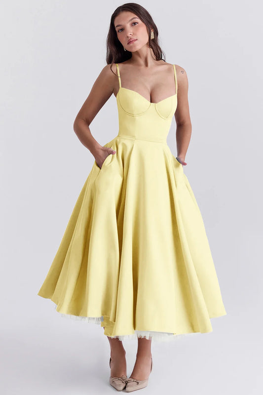 Long Dress Low Cut Sleeveless Ruched Dresses For Women Milksmaid Summer Spring Birthday Holiday Dress In Yellow
