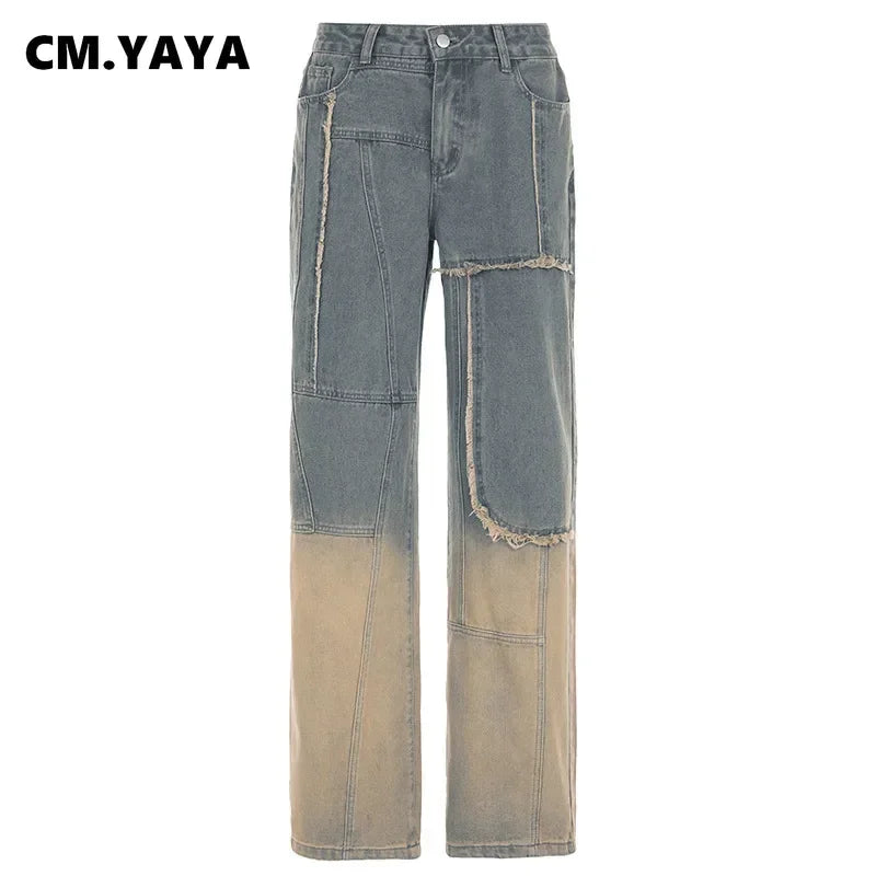 CM.YAYA Women Streetwear Cargo Straight Washed Denim Wide Leg Jeans Pants 2024 Fall Casual gradient Fashion Holiday Trousers