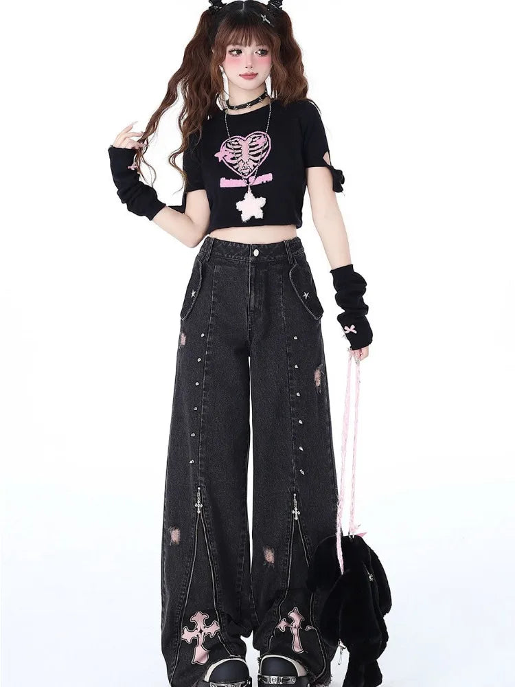 Women's Baggy Pants Punk Y2K Denim Jeans High Street Patchwork Vintage Design Rocker Straight High Waist Printed Patch Raw Edges