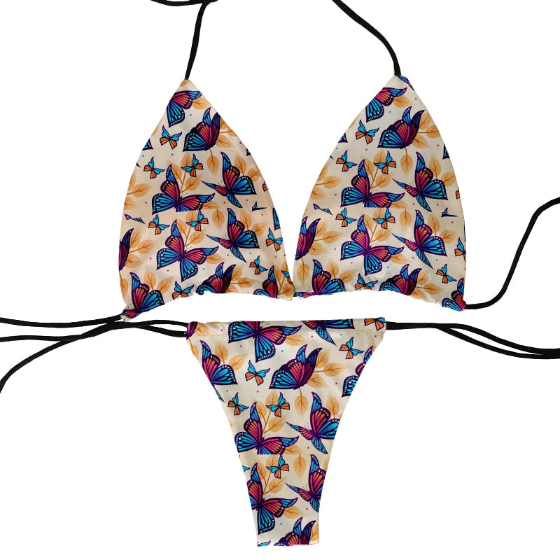 Funny colorful butterfly pattern bikini set swimsuit beach surfing vacation ladies deep V butterfly print bikini fashion gift