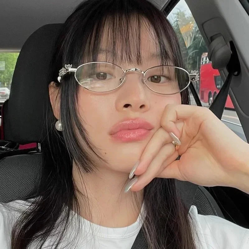 Women's Oval Metal Gm Pearl Set Diamond Small Face Small Frame Advanced Sense Rhinestone Girl Myopia Glasses