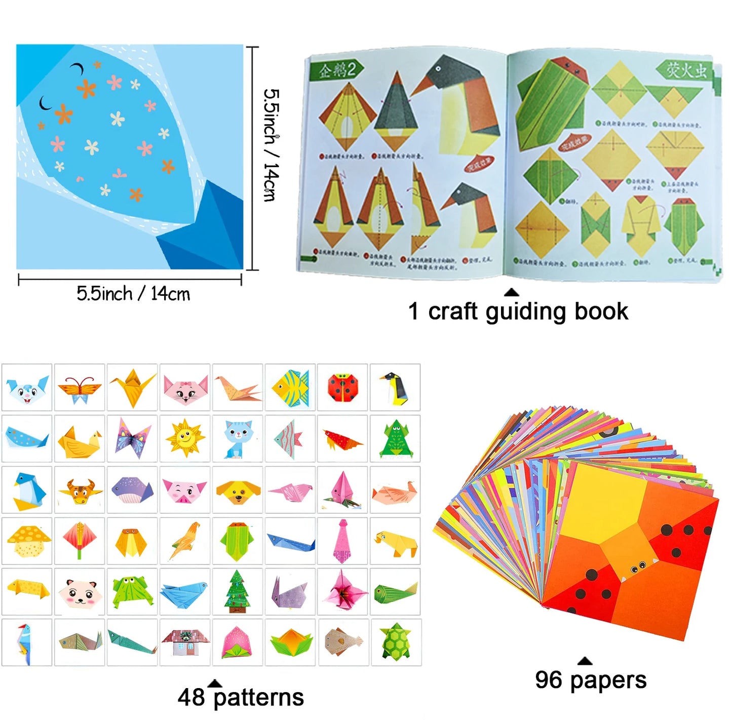 Origami Kit 30/96 Sheets Origami Paper Craft Guiding Book DIY Art Craft Projects Supplies for Beginners Children Kids Boys Girls