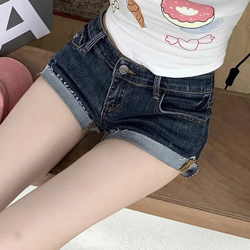 Women Summer Chic Sexy Denim Shorts Pants Lady Designer Low Waist Slim Fit Hot Pants Female Fashion Deep Blue Hip Wrapping Jeans