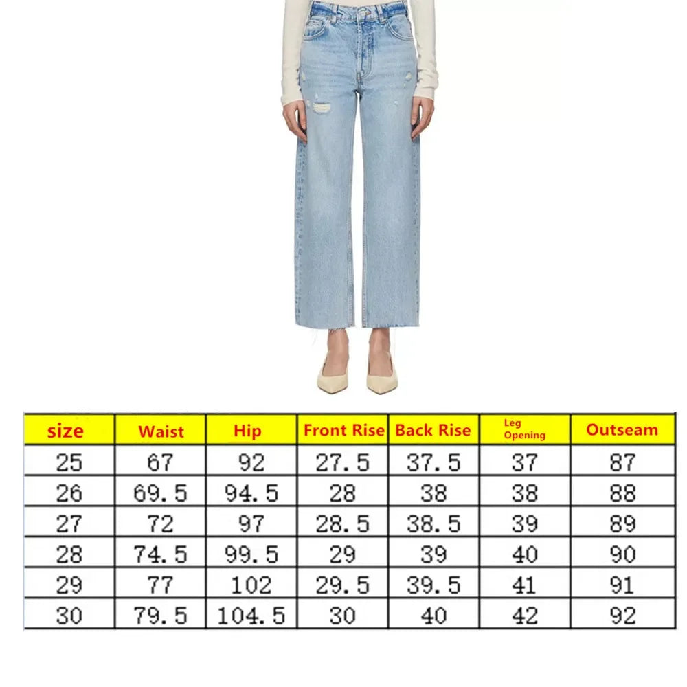Women's Light Blue Versatile Hole Jeans Spring Summer New Ladies High-Waisted Fringe Straight Denim Pants