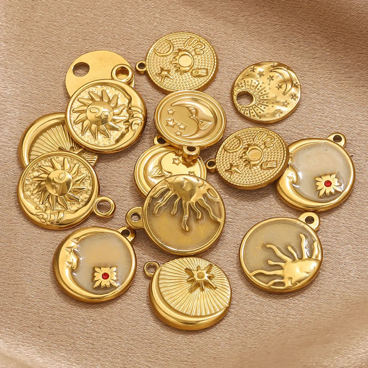5pcs Gold Texture Sun Moon Pendant Fashion DIY Jewelry Accessories Trendy Women Stainless Steel Necklace Earring Wholesale