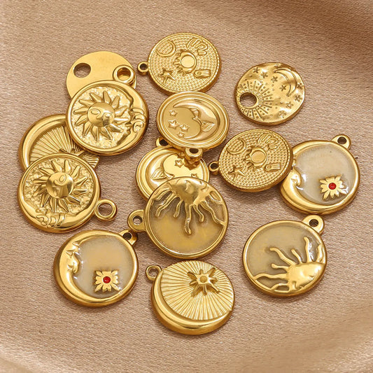 5pcs Gold Texture Sun Moon Pendant Fashion DIY Jewelry Accessories Trendy Women Stainless Steel Necklace Earring Wholesale