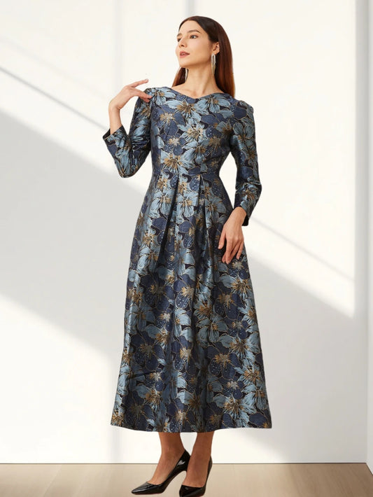 Elegant Women Long Maxi Evening Dress Floral Jacquard Fall V Neck Lady Autumn Winter Party Fashion Formal Vestidos