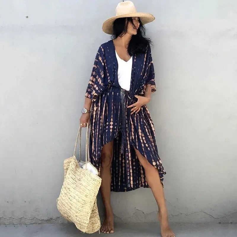 Women's Beach Cover Ups Open Front Tie Dye Maxi Cardigan Kimono Swimsuit with Belts Bathing Suit