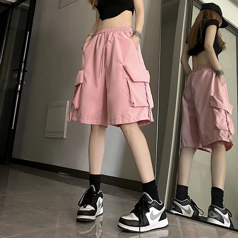 Gidyq Women High Waist Cargo Shorts American Style Streetwear Summer Wide Leg Pants Fashion Female Big Pocket Loose Shorts New