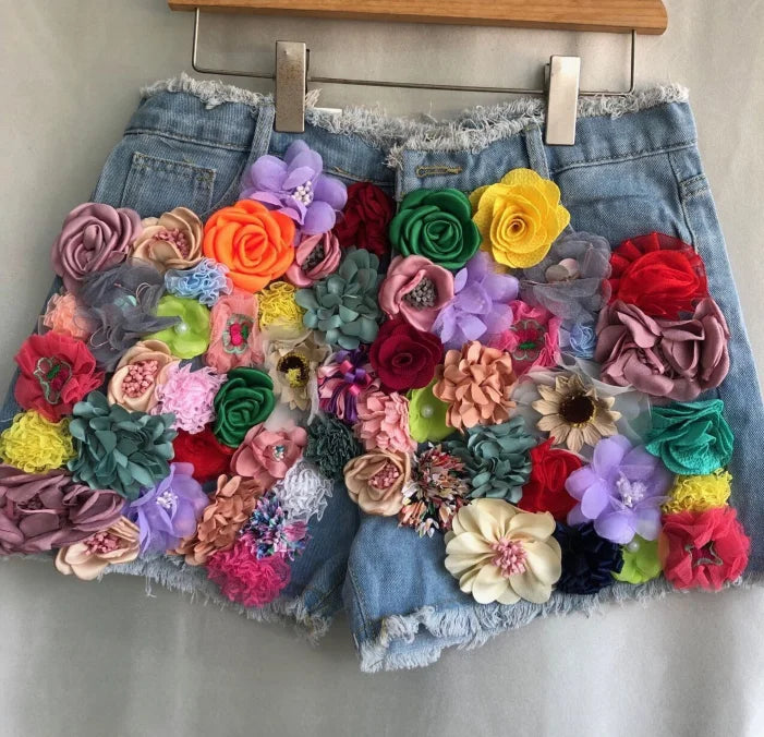 Denim Shorts Women Clothing Streetwear Fashion Jean Shorts 2025 New Bottoms Beading 3D Floral Casual Pantalones Cortos De Mujer