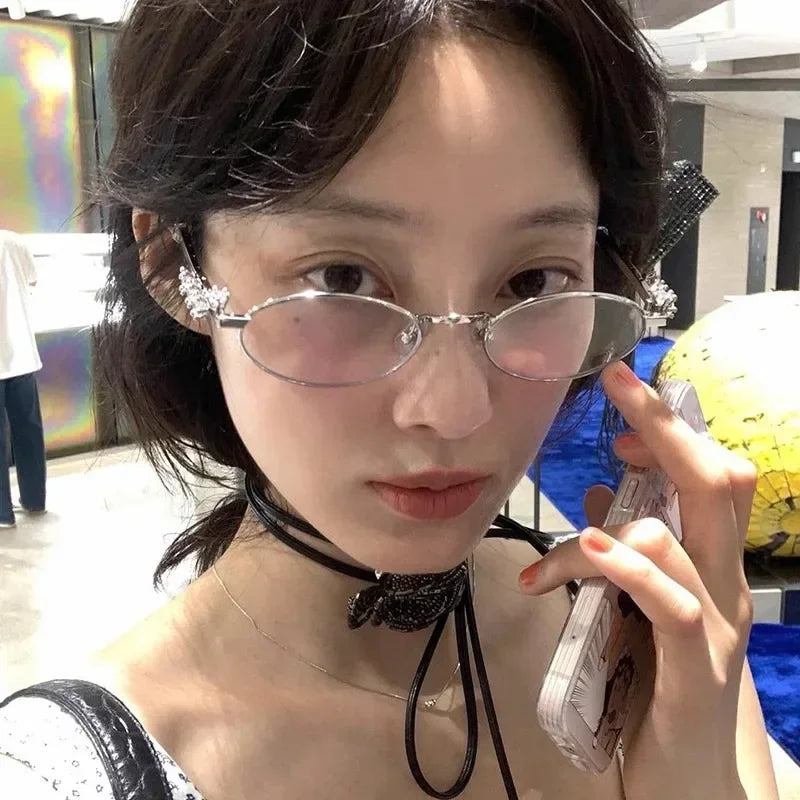 Women's Oval Metal Gm Pearl Set Diamond Small Face Small Frame Advanced Sense Rhinestone Girl Myopia Glasses