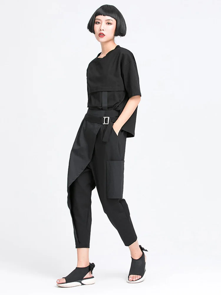 [EAM] High Elastic Waist Black Irregular Split Harem Trousers New Loose Fit Pants Women Fashion Tide Spring Summer 2025 1Y487