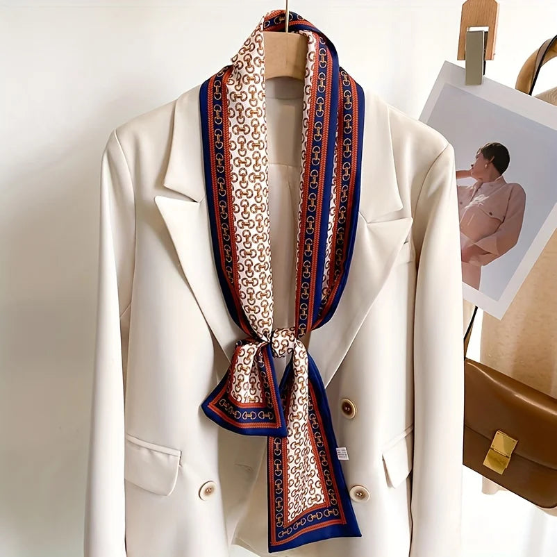 Double Sided Printed Streamer Scarf, Elegant Thin Narrow Neck Scarf Professional Shirt Matching Silky Scarf For Women