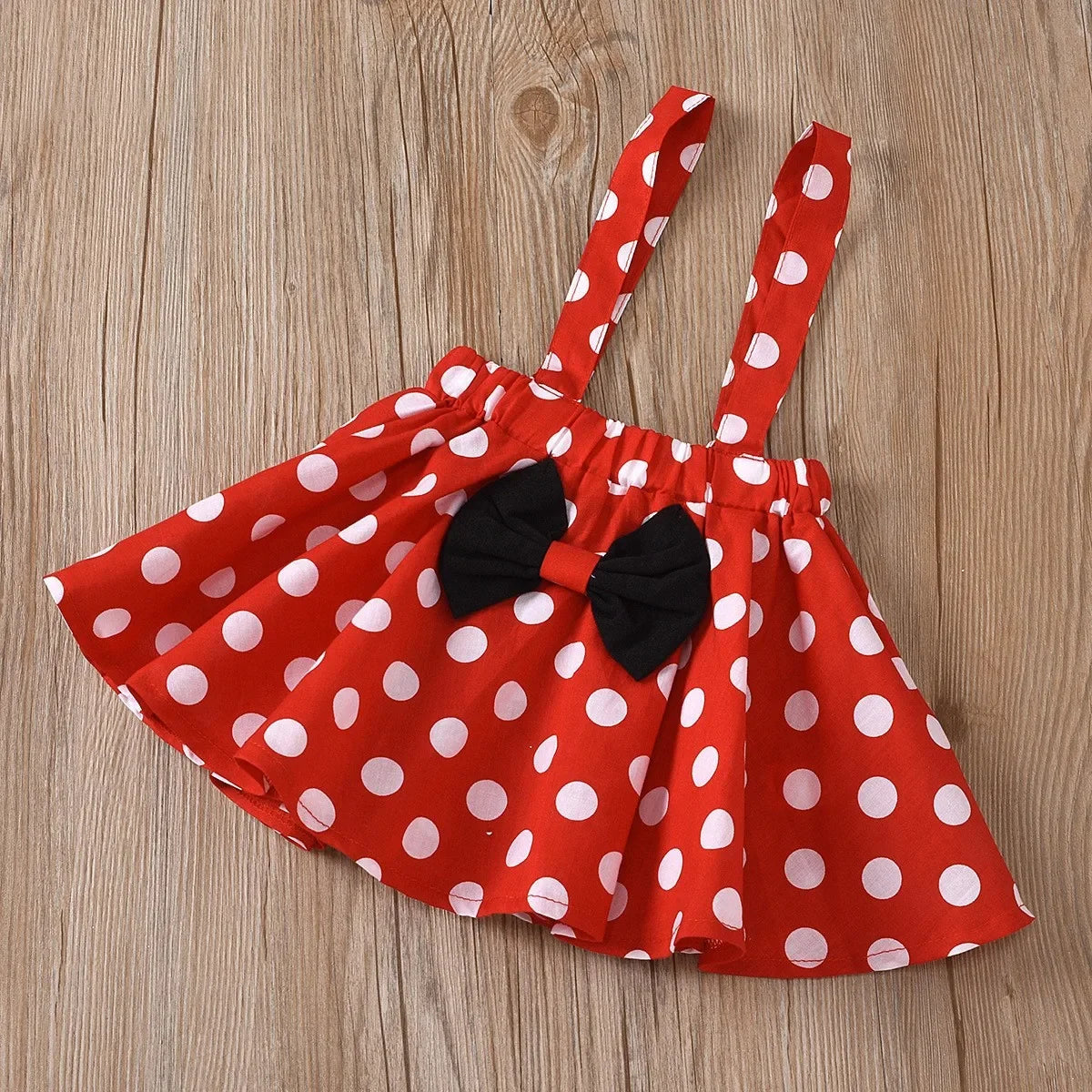 2-Piece Summer New Girls' Suspenders Bow-tie Polka Dot Dress Small Flying Sleeve Polka Dot Pure Black Blouse + Suspenders Skirt