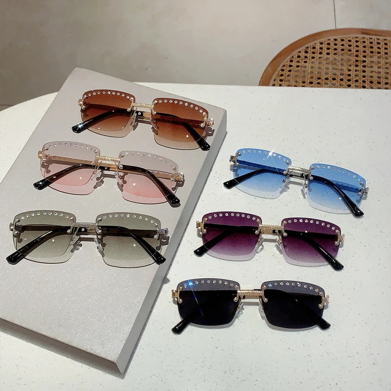 KAMMPT Rimless Sunglasses with Rhinestones 2024 New Fashion Gradient Ocean Lenses Eyewear Trendy Vintage Luxury Rectangle Shades