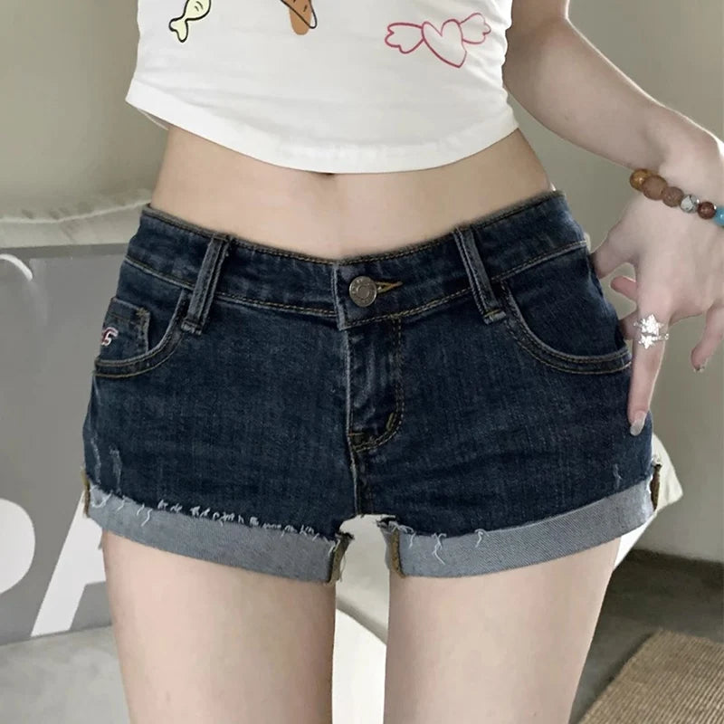 Women Summer Chic Sexy Denim Shorts Pants Lady Designer Low Waist Slim Fit Hot Pants Female Fashion Deep Blue Hip Wrapping Jeans