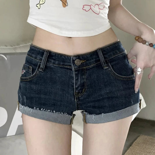 Women Summer Chic Sexy Denim Shorts Pants Lady Designer Low Waist Slim Fit Hot Pants Female Fashion Deep Blue Hip Wrapping Jeans