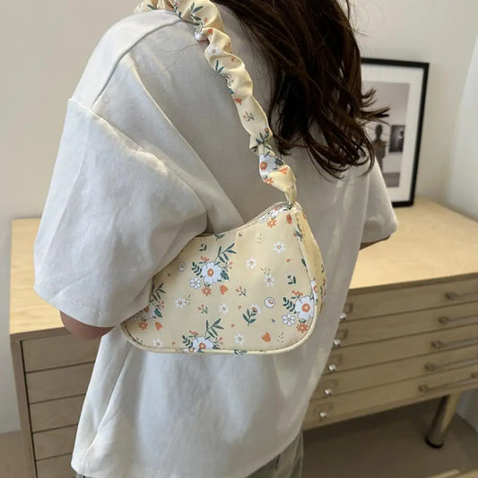 Women's Small Corduroy Handbag - Cute Pleated Shoulder Bag with Half-Moon Flower Print