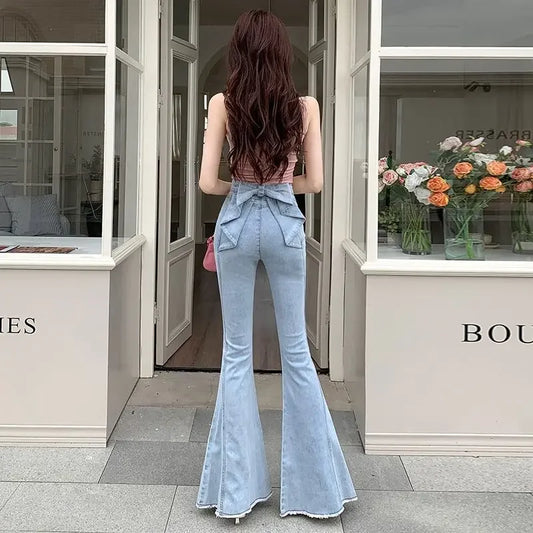 Spring Summer New High Waist 3D Butterfly Knot Denim Pants Women's European Style Slimming Butt Lifting Flared Trousers