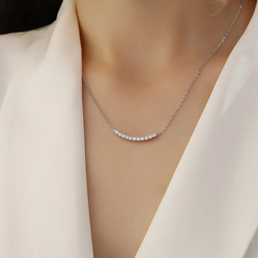 Full Moissanite Necklace Smile Pendant 925 Sterling Silver Chain 1.5mm Lab Diamond Necklace for Women Sparkling Choker Jewelry
