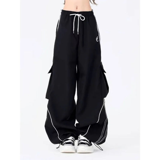 Deeptown Y2K Black Striped Women Cargo Pants Korean Fashion Wide Leg Baggy Trousers Streetwear Autunm Harajuku Hip Hop Oversized