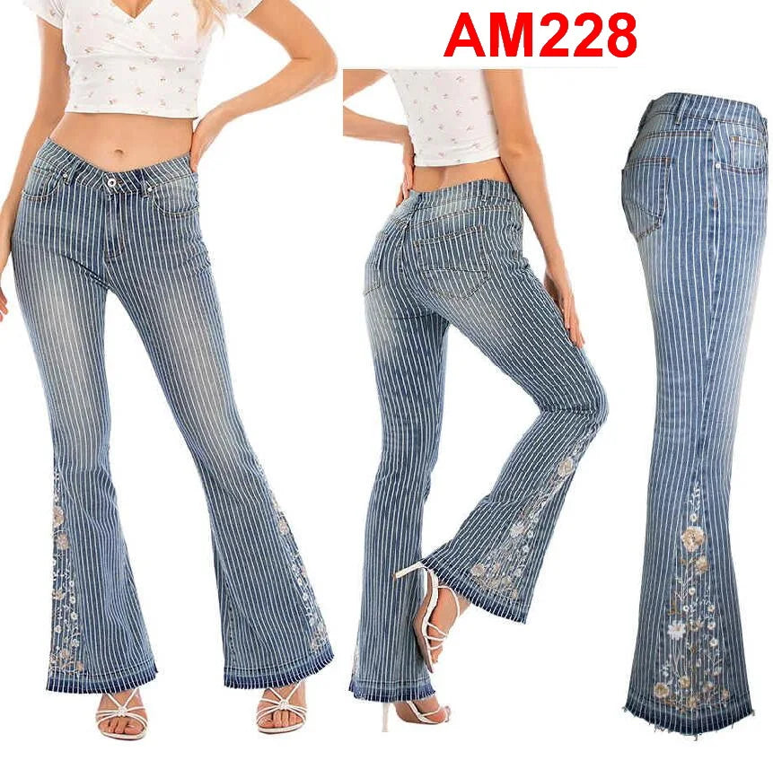 Women's Jeans Embroidered Flower Flared Denim Pants Multiple Styles Flared Jeans For Choose