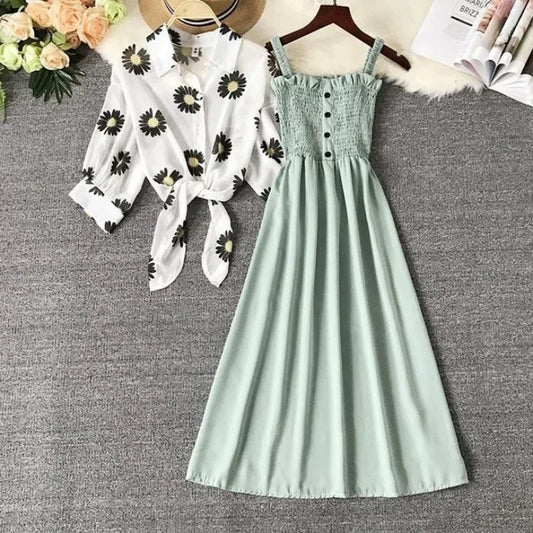 2024 New Dress Stylish Suit Skirt Women's Summer Chiffon Blouse Wide Waist Fitted Jacket 2-Piece Set Fashionable Female Apparel