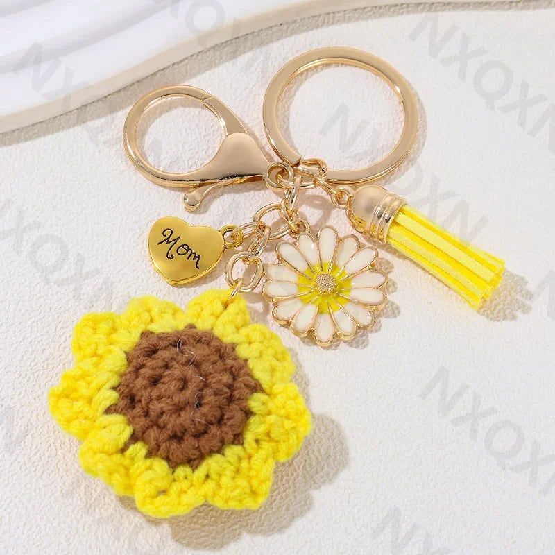 Cartoon Handmade Yarn Sunflower Heart Enamel Keychain Plant Flower Mom Key Ring For Women Mother's Day Gift Handmade Jewelry